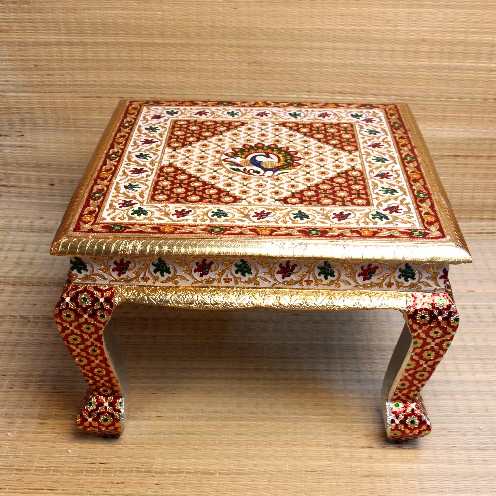 Wooden Printed Peacock Bajot Table 18x13 | Handcrafted Decorative Pooja Chowki | Traditional Wooden Platform for Home Temple & Festivals