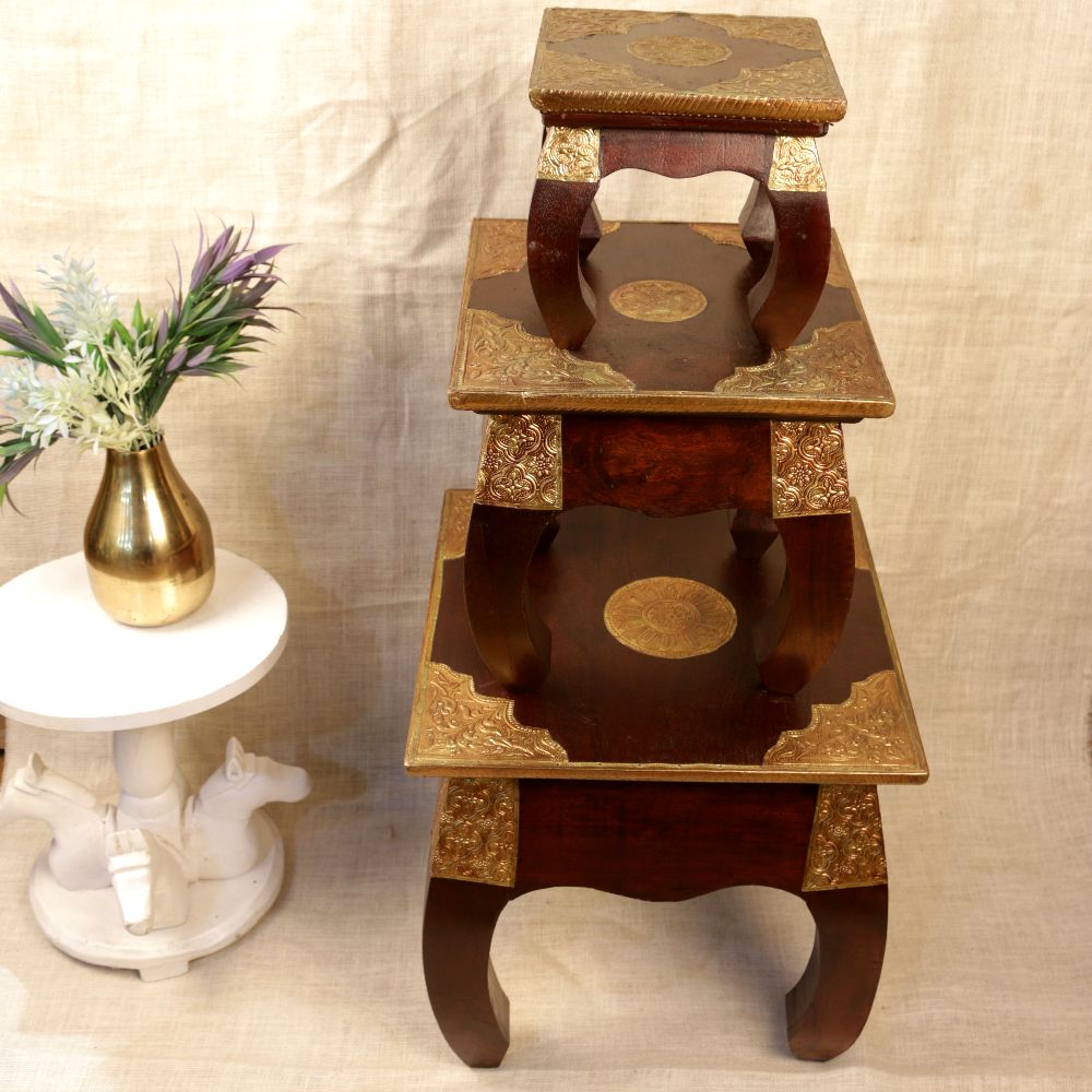 Handcrafted Opium Stool Set of 3 – Premium Wooden Nesting Stools for Home Décor
