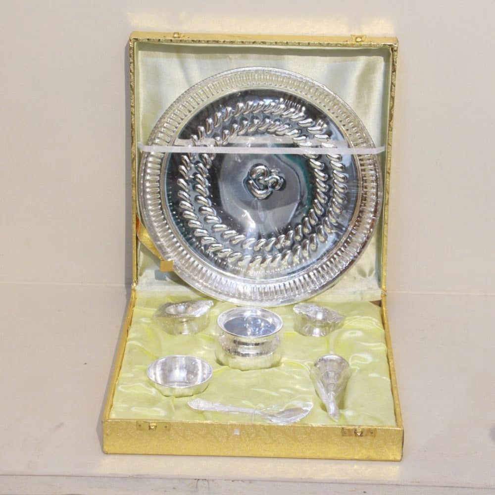 Brass Puja Thali Set – Silver Finish