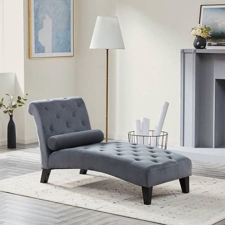 Tufted Chaise Lounge Chair with Bolster Pillow & Padded Seat