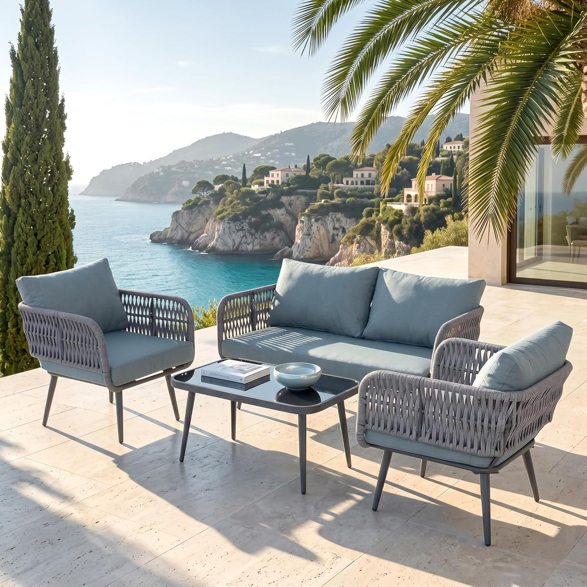 4-Piece Outdoor Patio Conversation Set with Loveseat, Lounge Chairs & Coffee Table