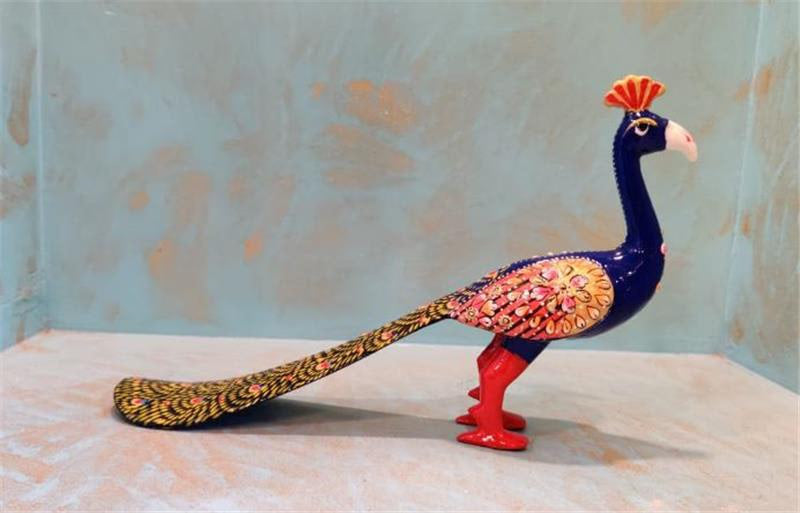 Handcrafted Metal Meenakari Long Peacock Figurine 3" — Decorative Enamel Art Showpiece