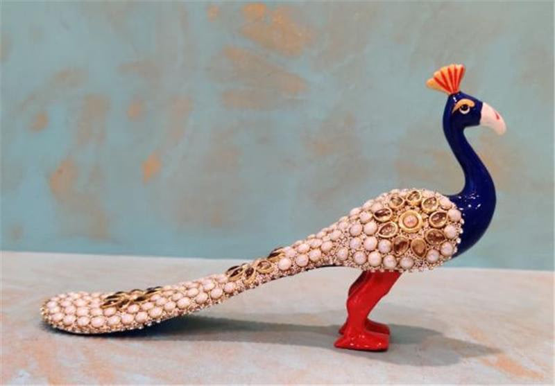 Handcrafted Metal Pearl Studded Long Peacock Figurine 3" — Decorative Embellished Showpiece