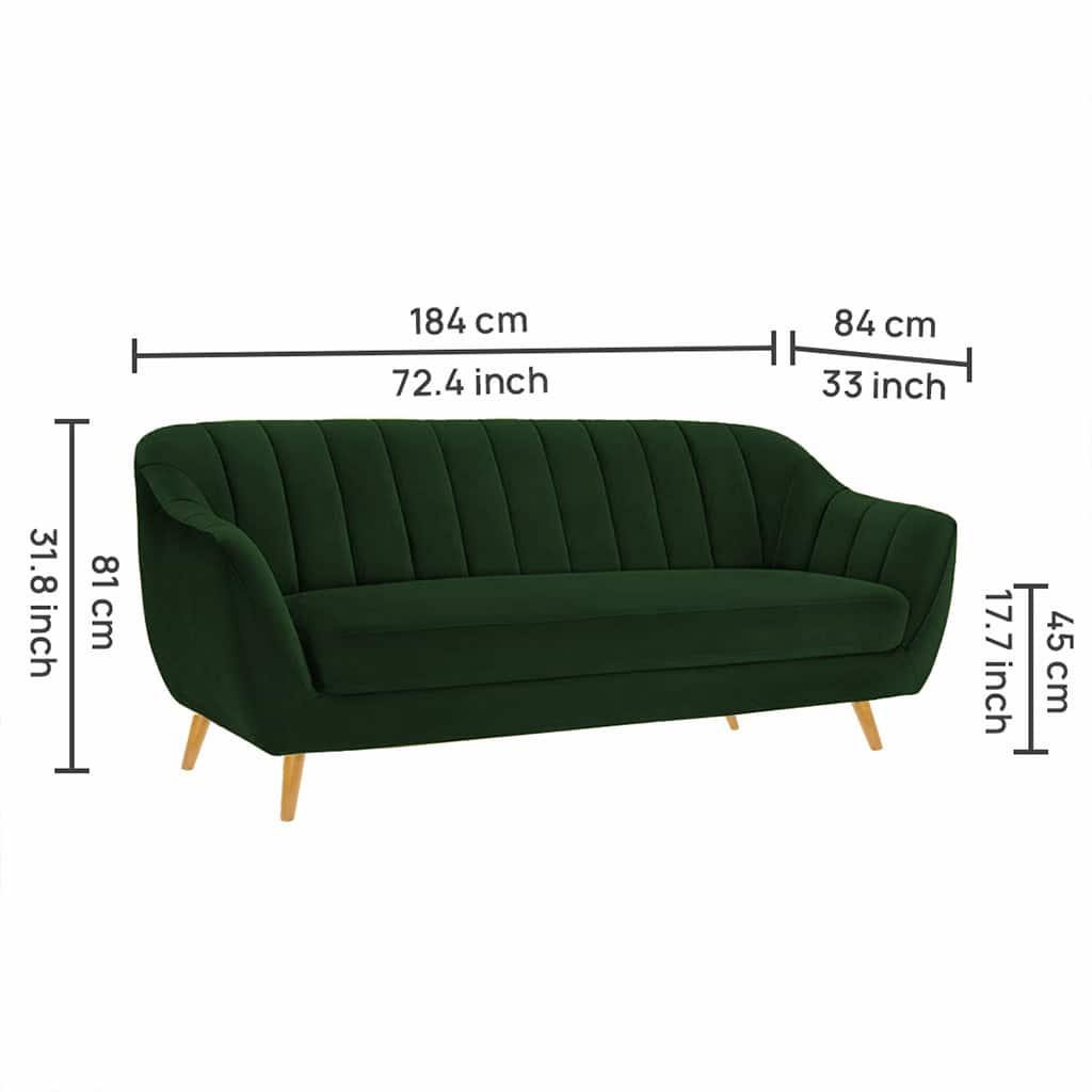 Modern 3-Seater Green Channel Tufted Upholstered Sofa with Wooden Legs -Shivora Crafts