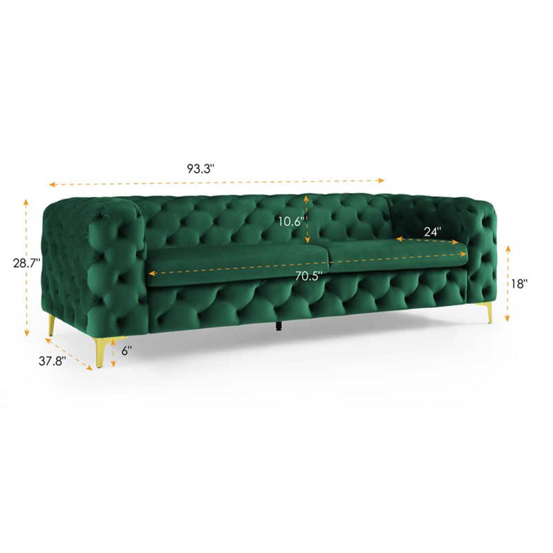 Luxury 3-Seater Green Tufted Chesterfield Sofa with Gold Legs