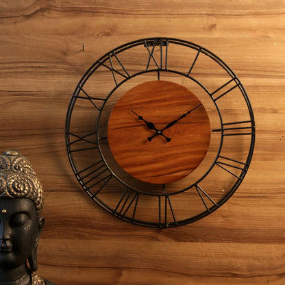18-Inch Handcrafted Iron Wall Clock with Wooden Center – Open Dial Decorative Wall Clock for Living Room
