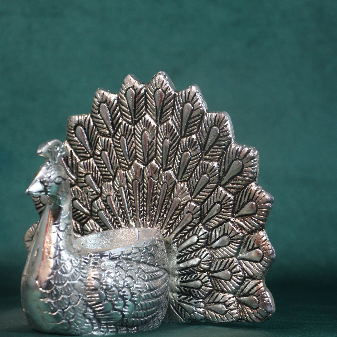 Metal Peacock Candle Holder — Handcrafted Decorative Mor Diya Stand