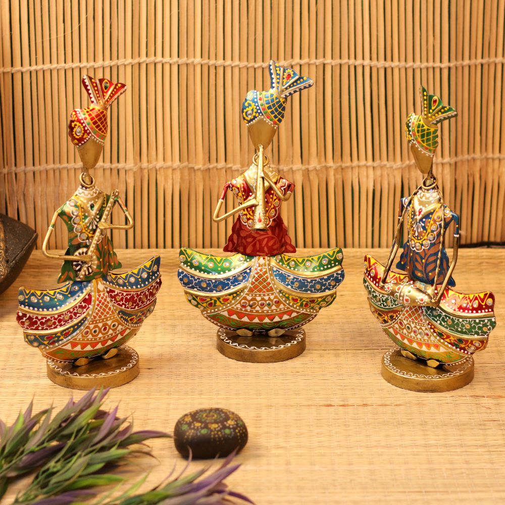 Handcrafted Iron Painted Musical Sitting Man Figurines – Set of 3 | Traditional Metal Home Décor Showpieces