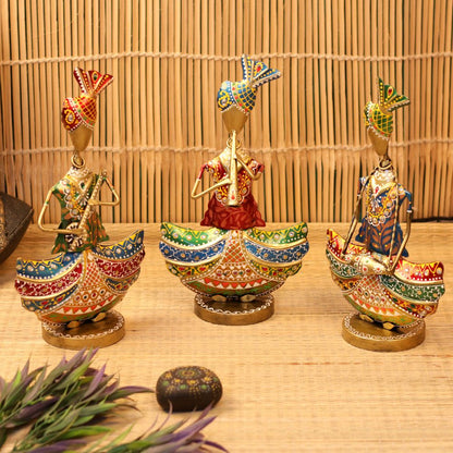 Handcrafted Iron Painted Musical Sitting Man Figurines – Set of 3 | Traditional Metal Home Décor Showpieces