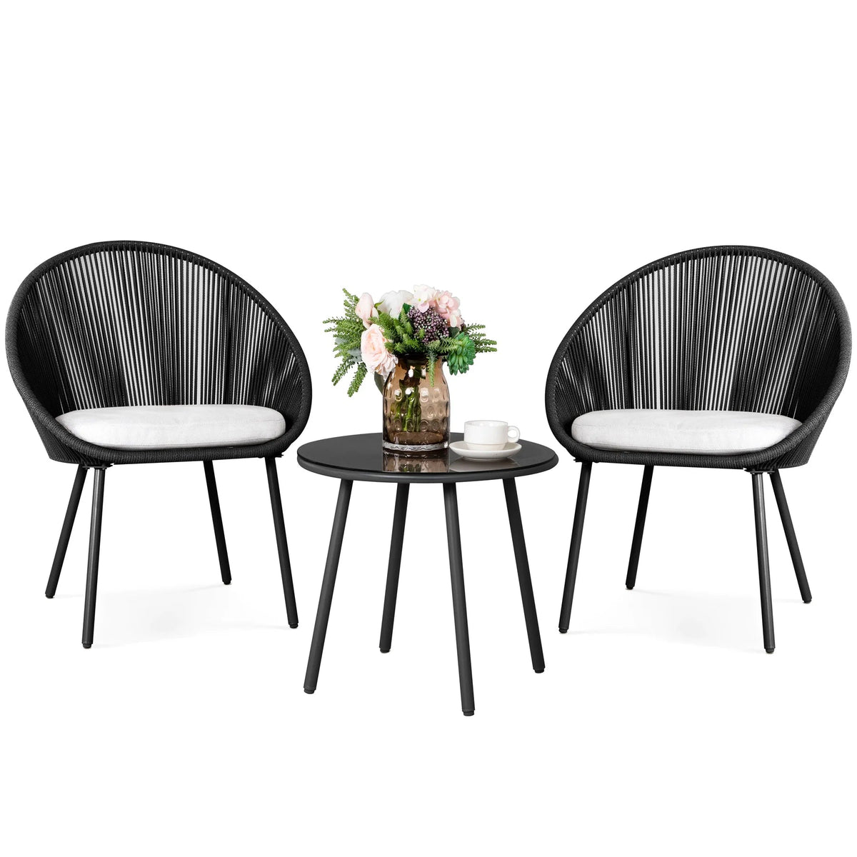 3-Piece Woven Patio Bistro Set with 2 Cushioned Chairs & Round Table