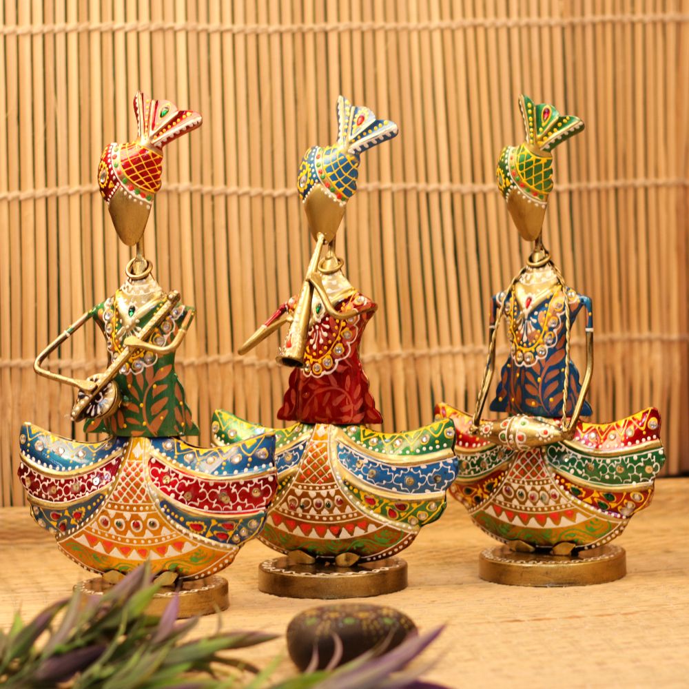 Handcrafted Iron Painted Musical Sitting Man Figurines – Set of 3 | Traditional Metal Home Décor Showpieces