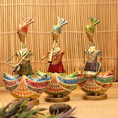 Handcrafted Iron Painted Musical Sitting Man Figurines – Set of 3 | Traditional Metal Home Décor Showpieces