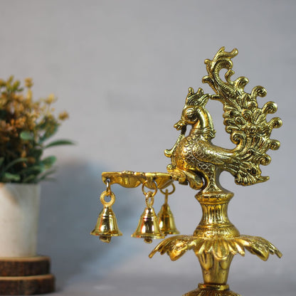 Metal 3 Diya Peacock Samai with Ghanti — Handcrafted Gold Finish Lamp Stand