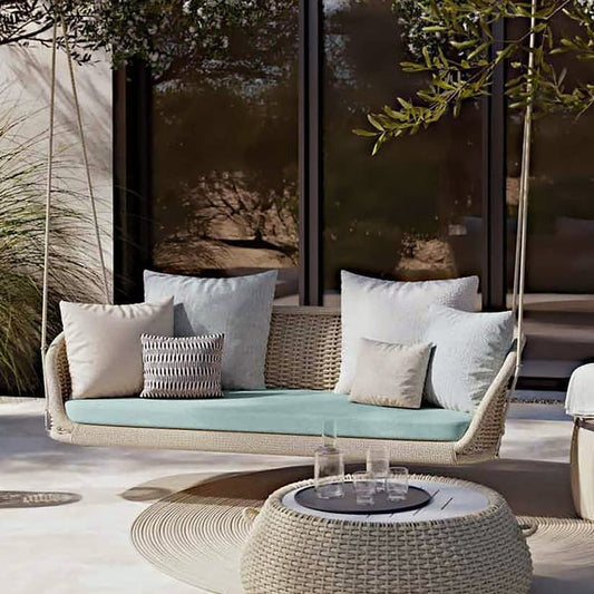 Outdoor Hanging Swing Sofa – Woven Patio Hanging Bench with Cushions