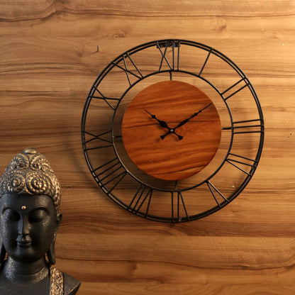 18-Inch Handcrafted Iron Wall Clock with Wooden Center – Open Dial Decorative Wall Clock for Living Room