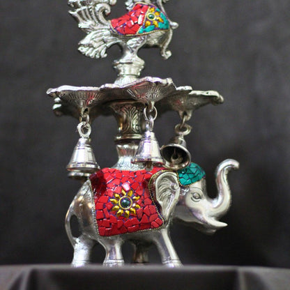 Metal Stone Elephant Samai — Handcrafted Decorative Diya Lamp Stand