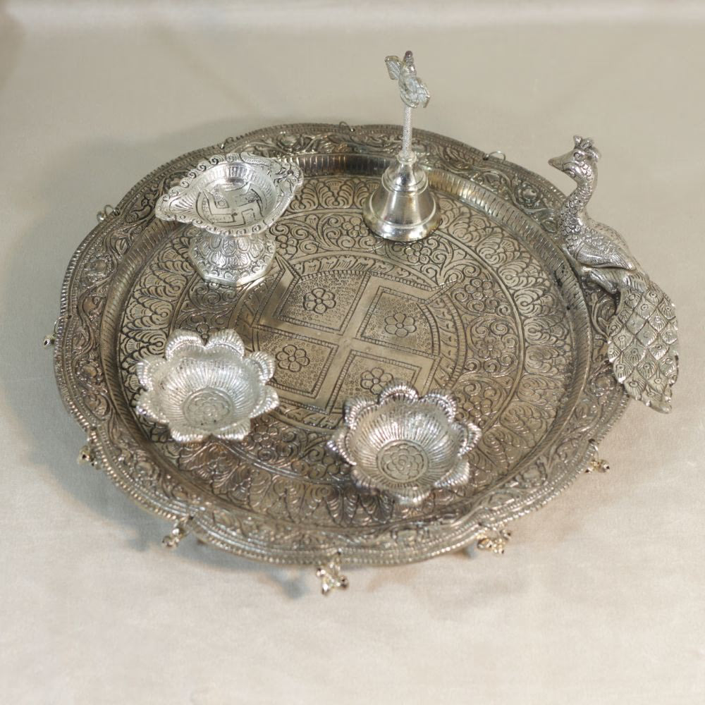 Metal Pooja Thali with Mor Design