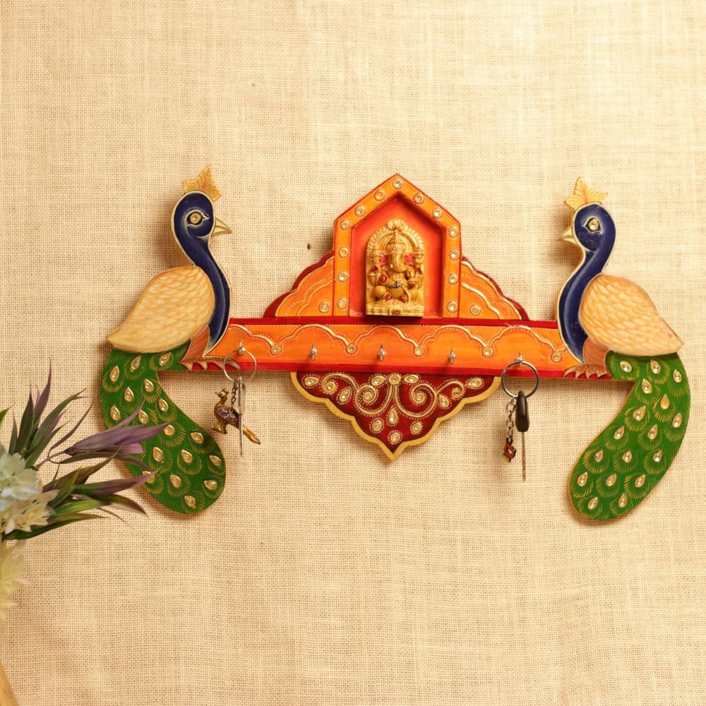 Dual Peacock Ganesh Key Holder — Handcrafted Decorative Key Stand