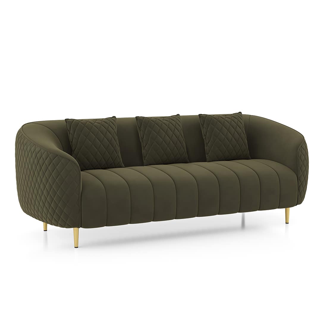 Modern Quilted 3-Seater Sofa with Channel-Tufted Seat & Cushions