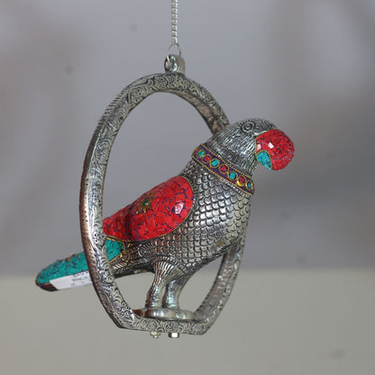 Metal Stone Ring Parrot Figurine — Handcrafted Decorative Showpiece
