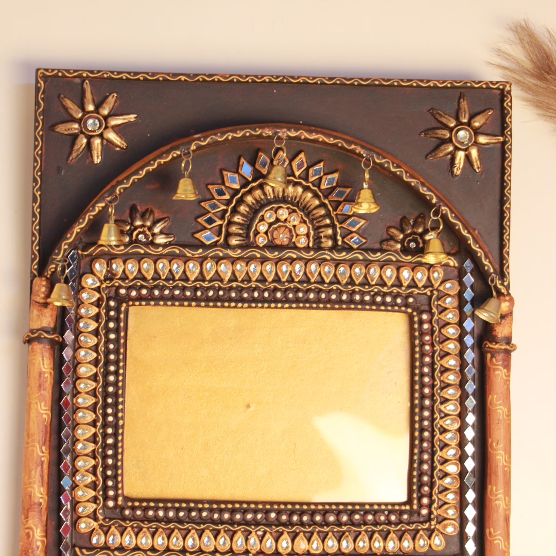 Wooden Kundan Photo Frame with 5 Bells — Handcrafted Decorative Picture Frame