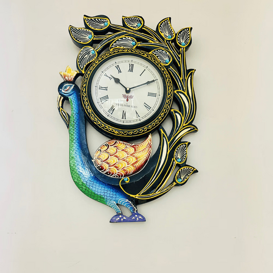 Red Feather Dual Peacock Wall Clock | 18×12 inches | Handcrafted Indian Decor