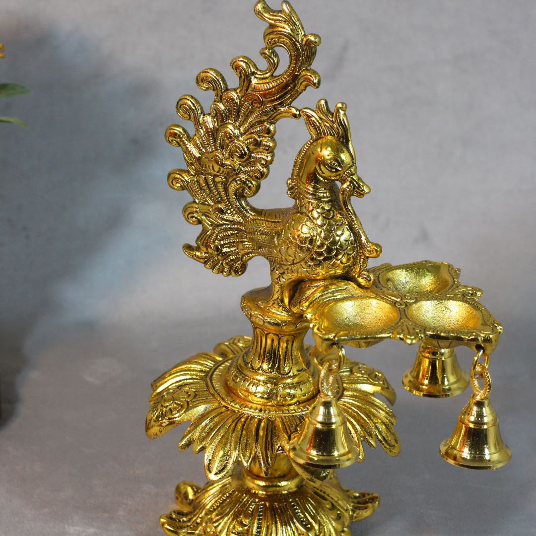 Metal 3 Diya Peacock Samai with Ghanti — Handcrafted Gold Finish Lamp Stand
