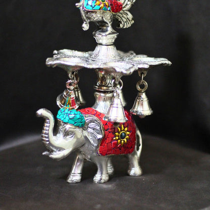 Metal Stone Elephant Samai — Handcrafted Decorative Diya Lamp Stand