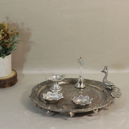 Metal Pooja Thali with Mor Design