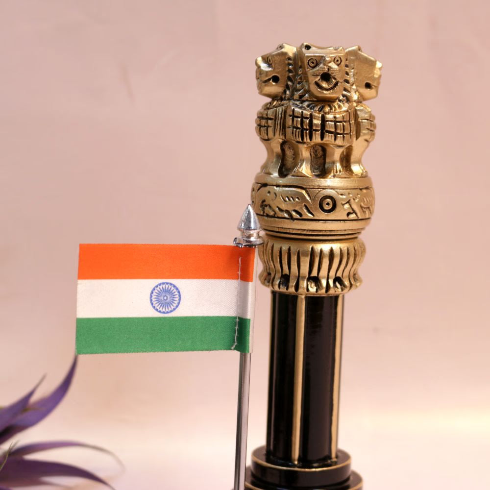 Wooden Ashok Pillar with Brass & Flag | 10 inches | Patriotic Decor & Corporate Gift