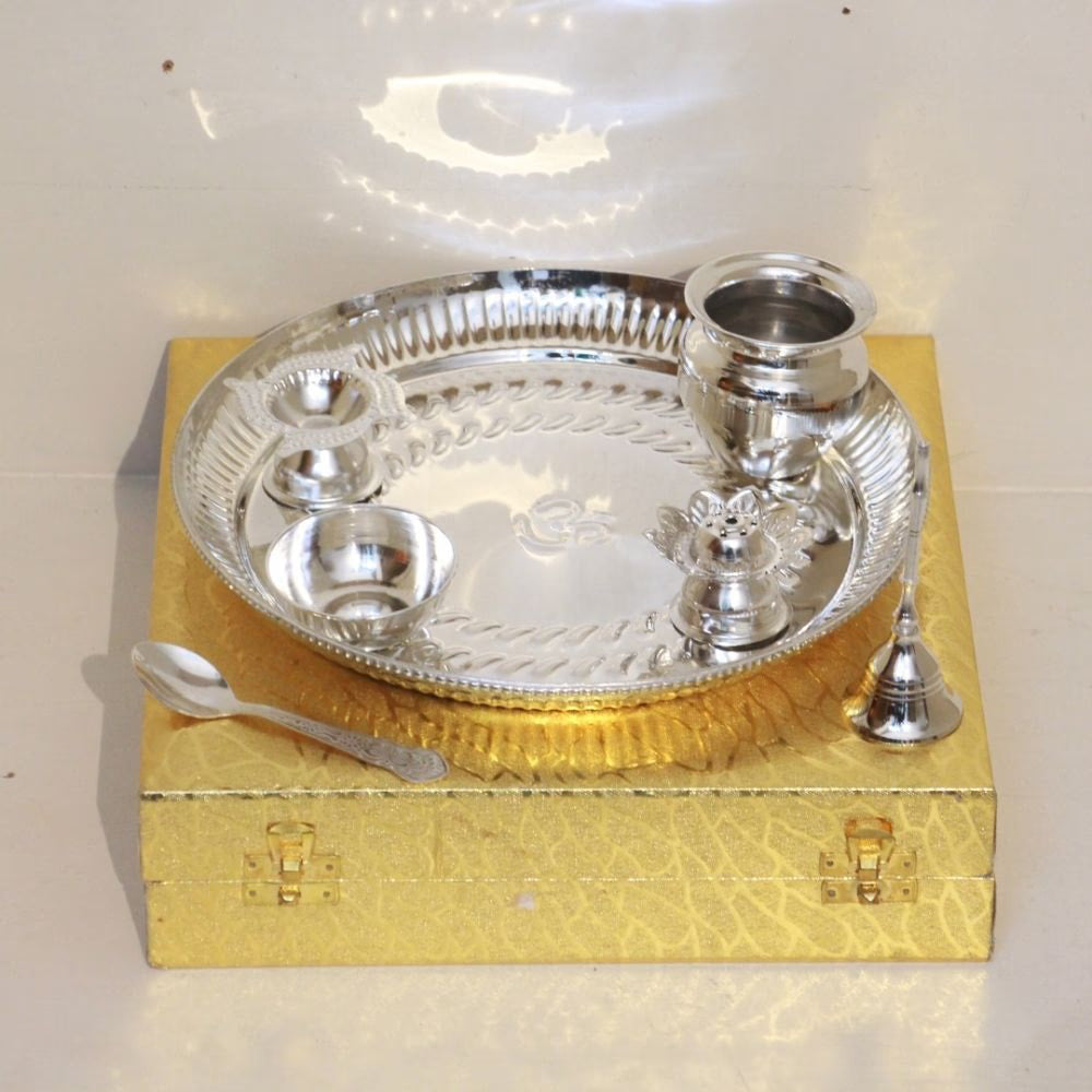 Brass Puja Thali Set – Silver Finish
