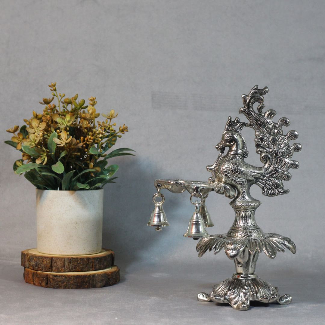 Metal 3 Diya Peacock Samai with Ghanti — Handcrafted Oxidised Finish Lamp Stand
