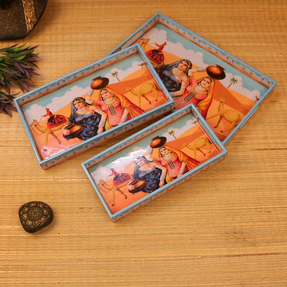 Wooden Rajasthani Printed Tray Set of 3