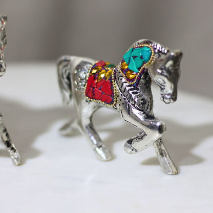 Metal Stone Horse Figurine — Set of 3 | Handcrafted Decorative Showpiece