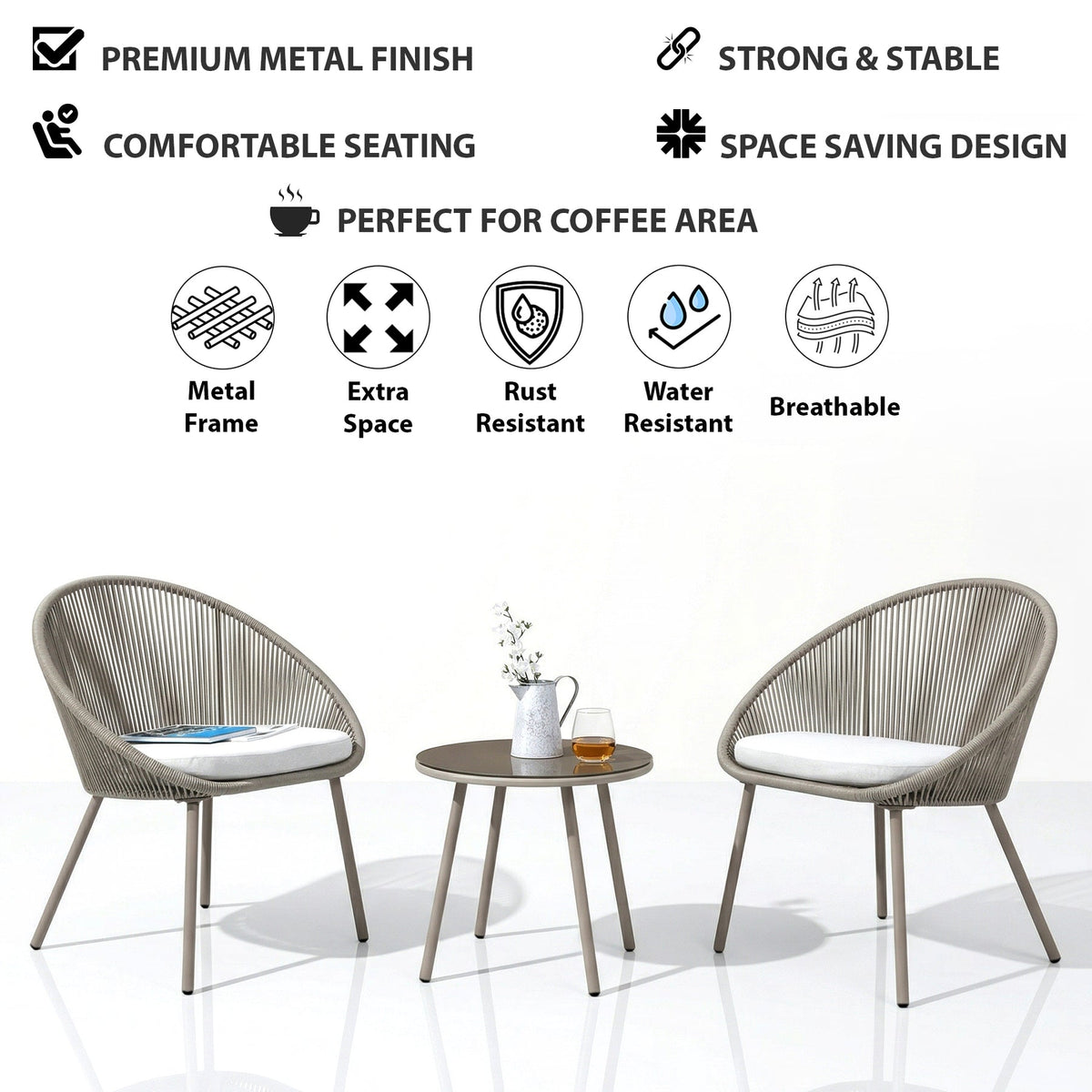 3-Piece Woven Patio Bistro Set with 2 Cushioned Chairs & Round Table