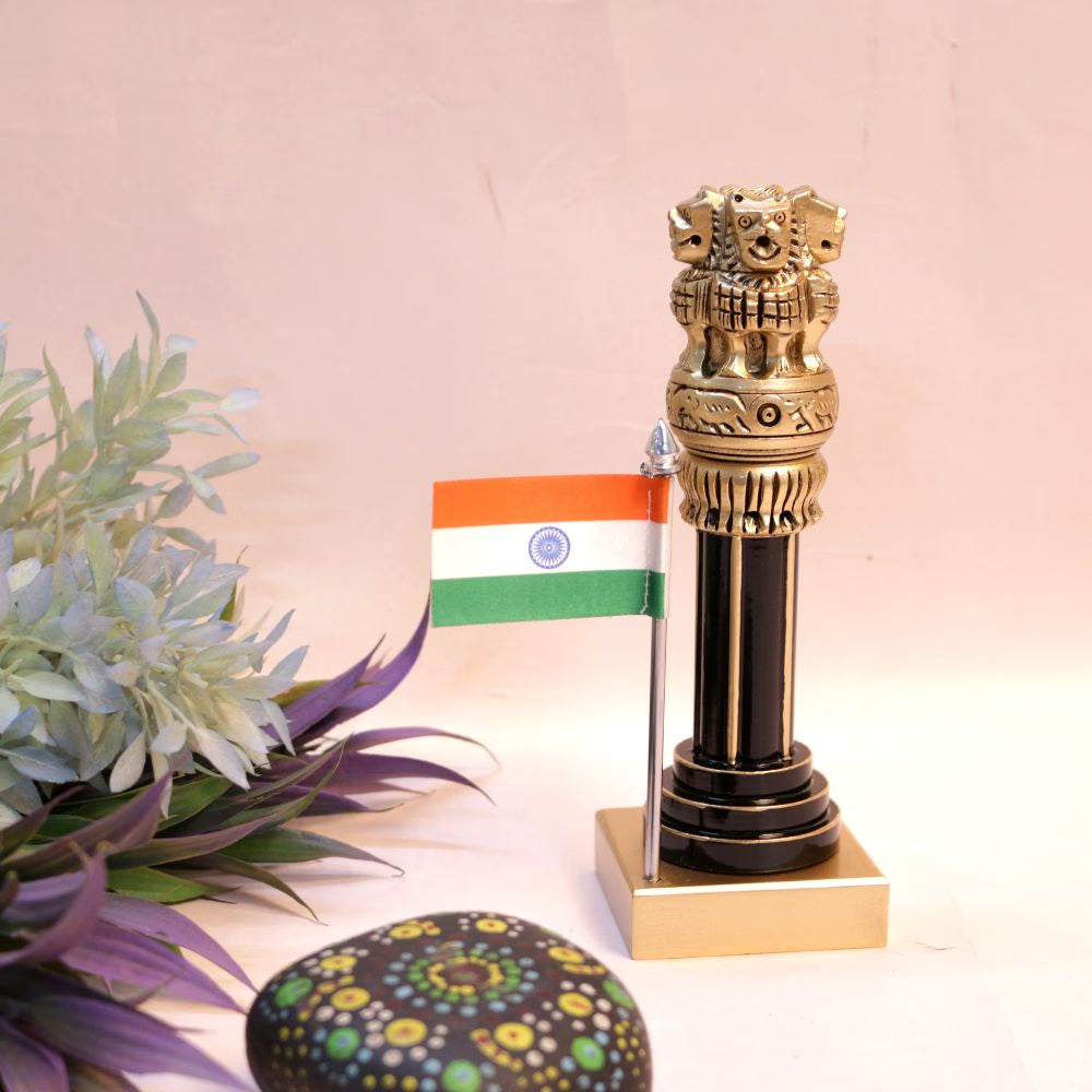 Wooden Ashok Pillar with Brass & Flag | 6 inches | Patriotic Decor & Corporate Gift