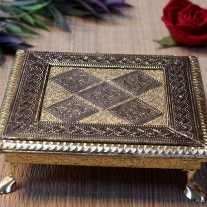 10x10 Wooden Regzin Chowki | Decorative Pooja Bajot | Handcrafted Wooden Chowki for Home Temple & Religious Ceremonies