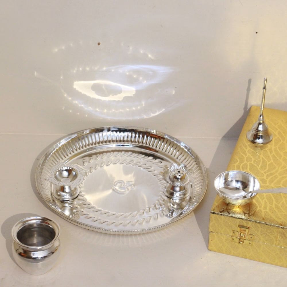 Brass Puja Thali Set – Silver Finish