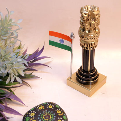 Wooden Ashok Pillar with Brass & Flag | 4 inches | Patriotic Decor & Gift