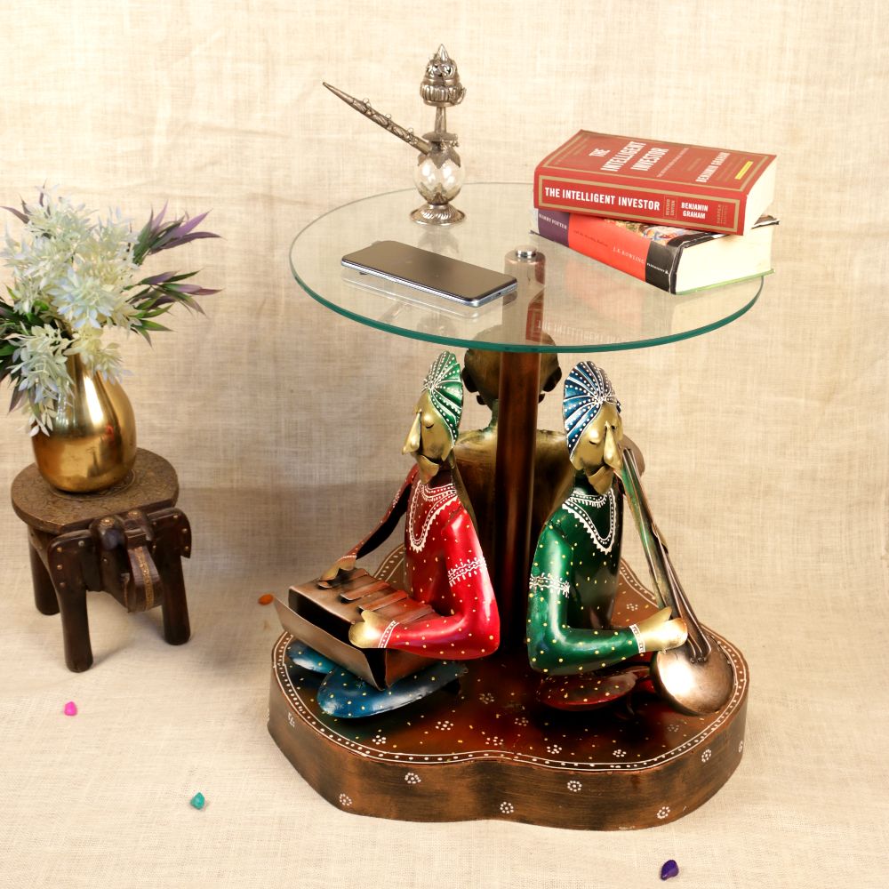 Handcrafted Musician Table – Wooden Rajasthani Art Decorative Side Table