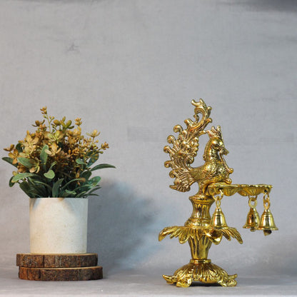 Metal 3 Diya Peacock Samai with Ghanti — Handcrafted Gold Finish Lamp Stand