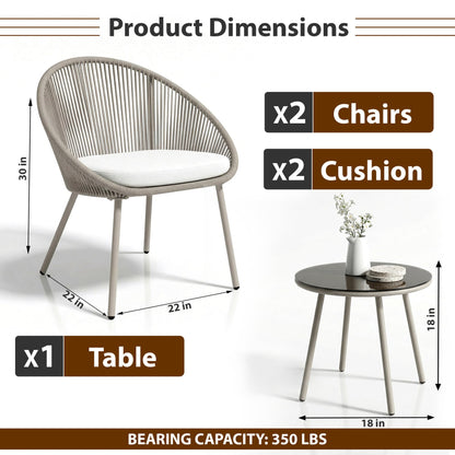 3-Piece Woven Patio Bistro Set with 2 Cushioned Chairs & Round Table