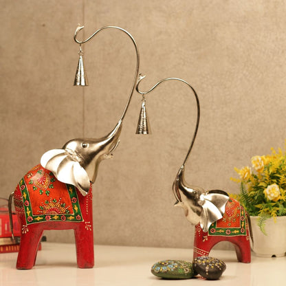 Wooden Bell Elephant | Set of 2 | Handcrafted Indian Decorative Showpiece