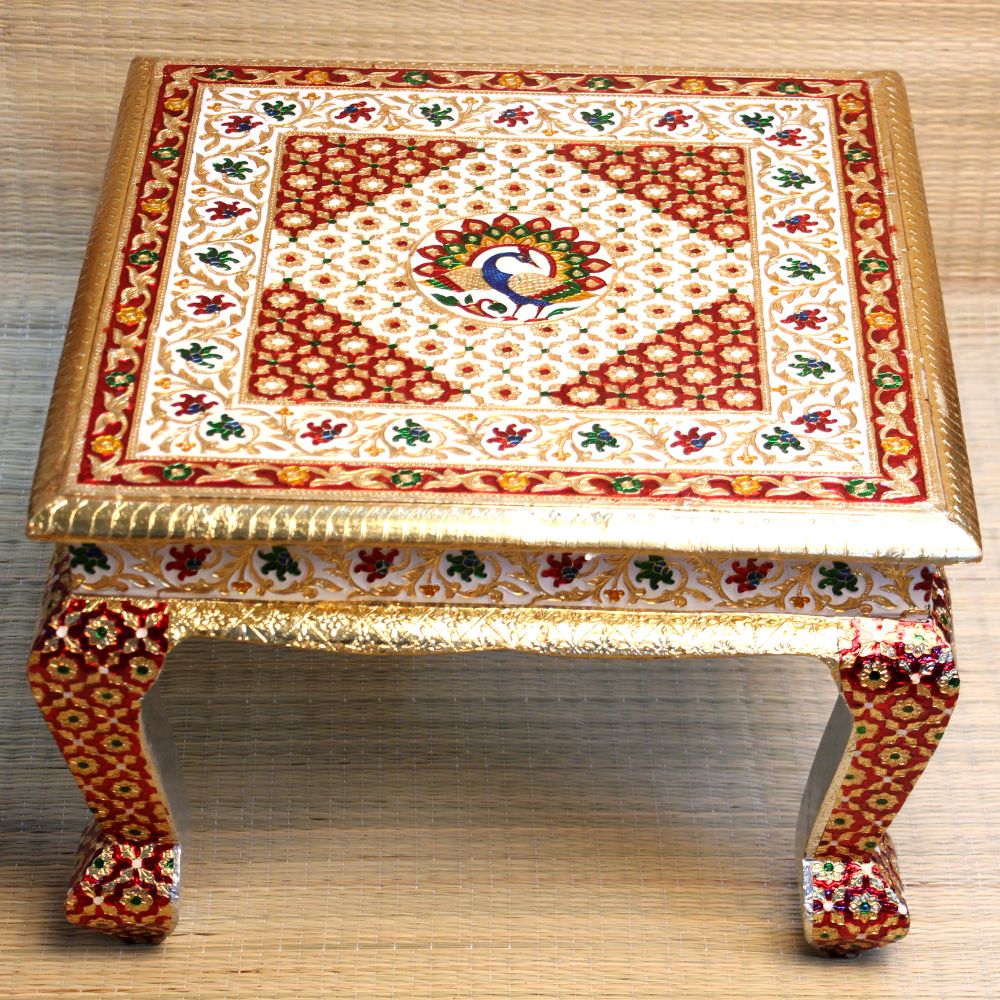 Wooden Printed Peacock Bajot Table 18x13 | Handcrafted Decorative Pooja Chowki | Traditional Wooden Platform for Home Temple & Festivals