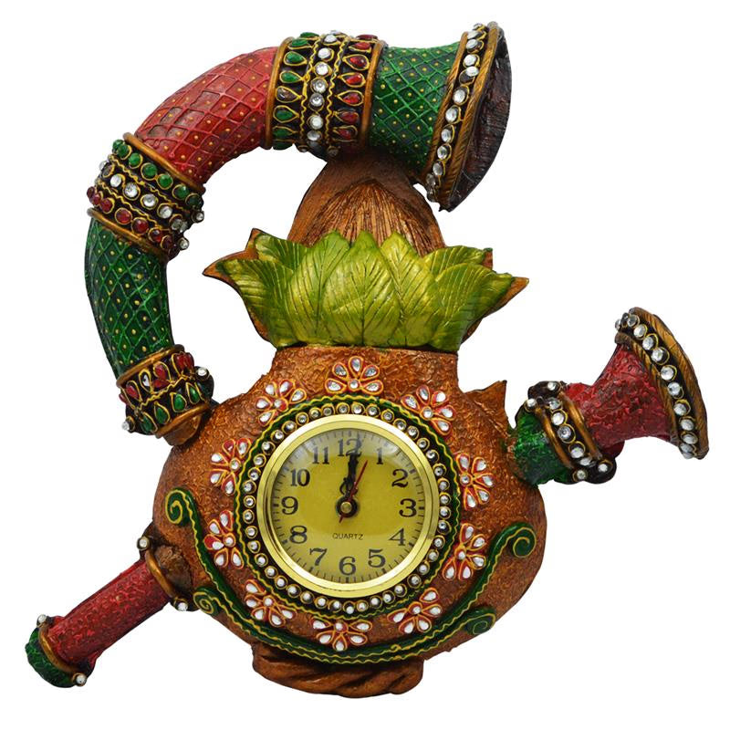Wooden Kundan Shehnai Wall Clock — Handcrafted Decorative Timepiece
