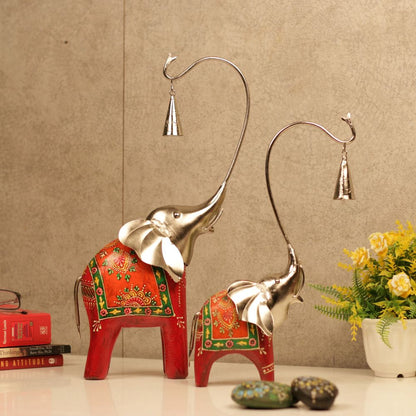 Wooden Bell Elephant | Set of 2 | Handcrafted Indian Decorative Showpiece