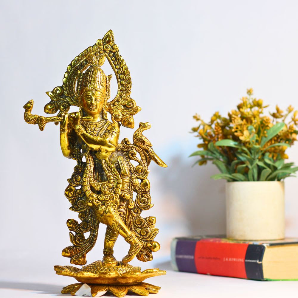 Metal Golden Krishna Statue — Handcrafted Deity Figurine
