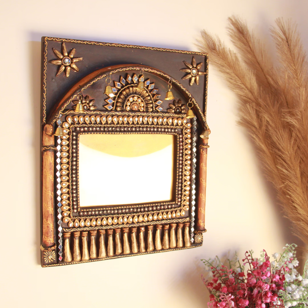 Wooden Kundan Photo Frame with 5 Bells — Handcrafted Decorative Picture Frame
