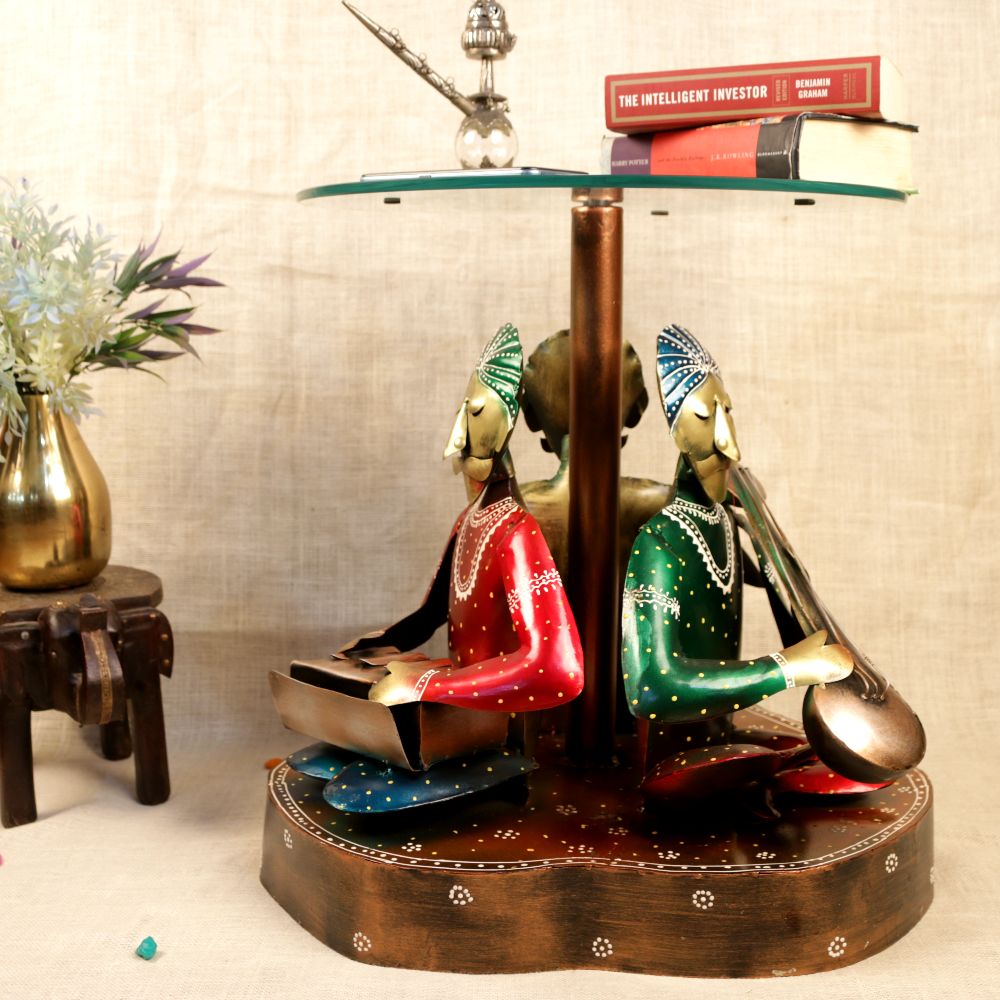Handcrafted Musician Table – Wooden Rajasthani Art Decorative Side Table