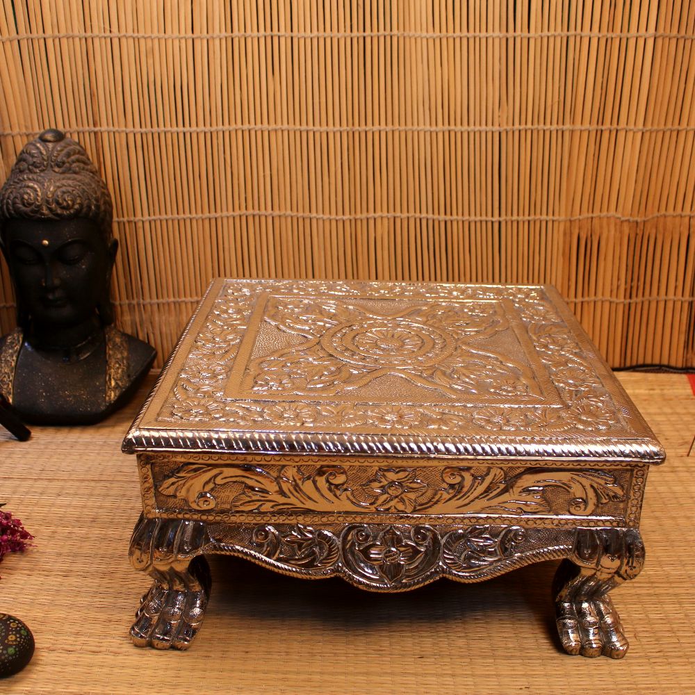 18x18 Silver Wooden Chowki | Premium Handcrafted Pooja Bajot | Decorative Silver Finish Platform for Home Temple & Weddings